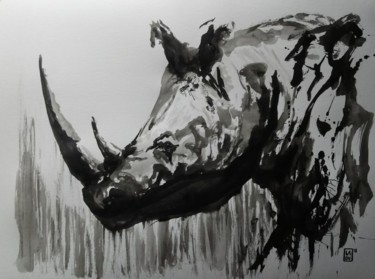 Dessin intitulée "Rino : L166" par Laou, Œuvre d'art originale, Encre Monté sur Verre