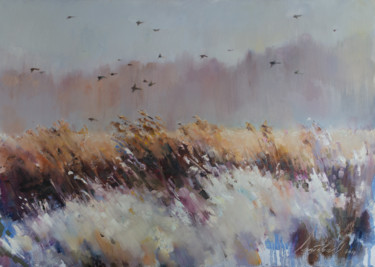 Картина под названием "Птицы над полем в п…" - Olha Laptieva, Подлинное произведение искусства, Масло