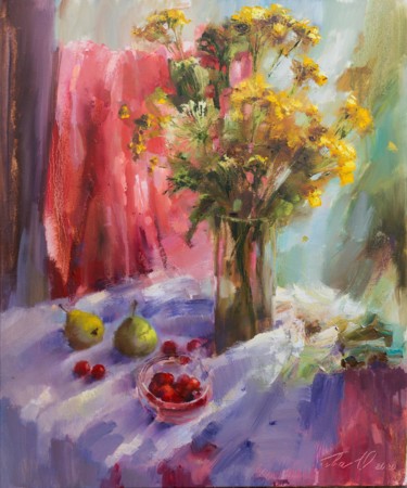 Painting titled "Полевые цветы" by Olha Laptieva, Original Artwork, Oil