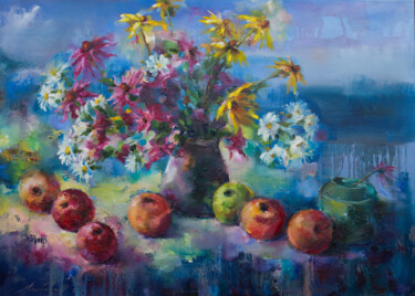 Peinture intitulée "Red apples on blue" par Olha Laptieva, Œuvre d'art originale, Huile