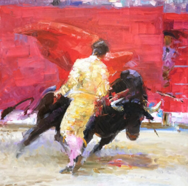 Painting titled "Man and bull." by Lara Vald, Original Artwork, Oil Mounted on Wood Stretcher frame
