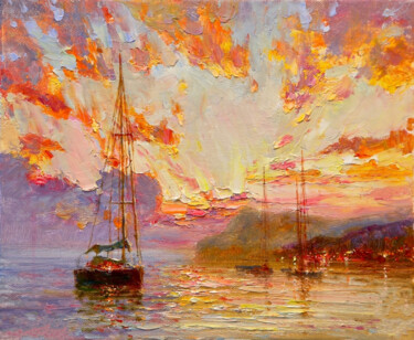 Painting titled "Sunrise over the se…" by Lara Vald, Original Artwork, Oil Mounted on Wood Stretcher frame