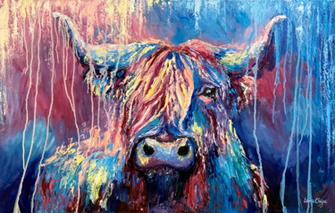 Pintura intitulada "Cow painting on can…" por Larisa Chigirina, Obras de arte originais, Óleo Montado em Armação em madeira