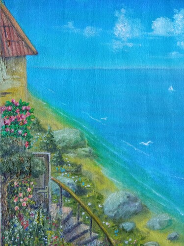 Peinture intitulée "House on the coast" par Larisa Leontjeva, Œuvre d'art originale, Huile