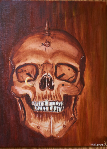 Painting titled "Punk Skull" by Larisa Neman, Original Artwork, Oil Mounted on Cardboard