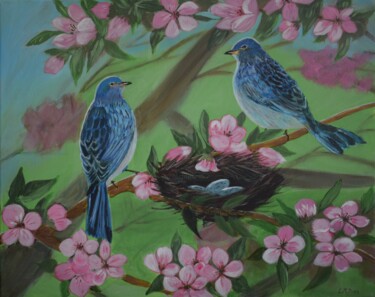 Painting titled "Frühlingsvögel Acry…" by Larisa Pires, Original Artwork, Acrylic