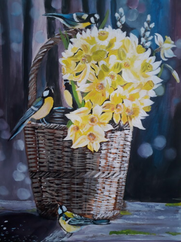 Painting titled "Vögel  in Blumen Ac…" by Larisa Pires, Original Artwork, Acrylic