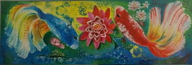 Malerei mit dem Titel "Lotus und Fische, Y…" von Larisa Pires, Original-Kunstwerk, Acryl