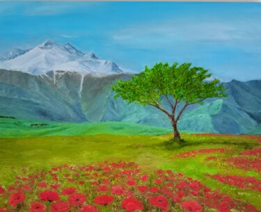 Painting titled "Poppy Painting Land…" by Larisa Raevskaia, Original Artwork, Oil