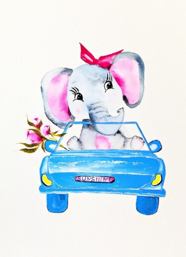 Pintura intitulada "Elephant by Car Pai…" por Larisa Raevskaia, Obras de arte originais, Aquarela