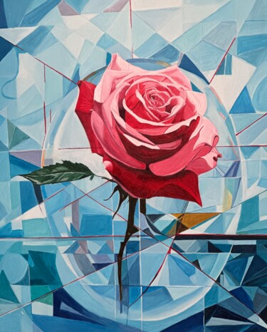 「Red rose in ice」というタイトルの絵画 Larisa Robinsによって, オリジナルのアートワーク, アクリル ウッドストレッチャーフレームにマウント
