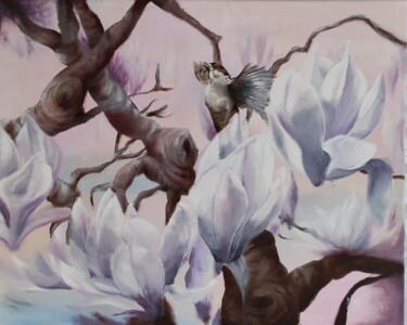 Schilderij getiteld "A Happy Sparrow" door Larissa Egner, Origineel Kunstwerk, Olie