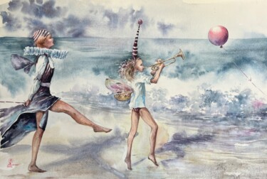 Schilderij getiteld "The Beachwalk#3" door Larissa Rogacheva, Origineel Kunstwerk, Aquarel
