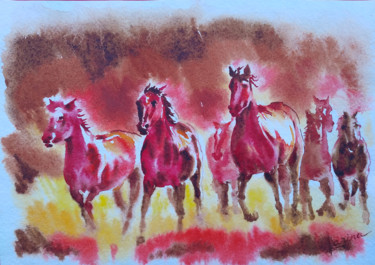 Ζωγραφική με τίτλο "Running horses" από Olga Larina, Αυθεντικά έργα τέχνης, Ακουαρέλα