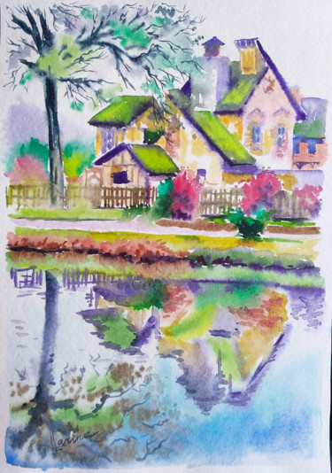 Peinture intitulée "Old cottage by the…" par Olga Larina, Œuvre d'art originale, Aquarelle