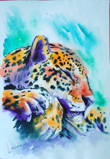 Schilderij getiteld "Jaguar" door Olga Larina, Origineel Kunstwerk, Aquarel