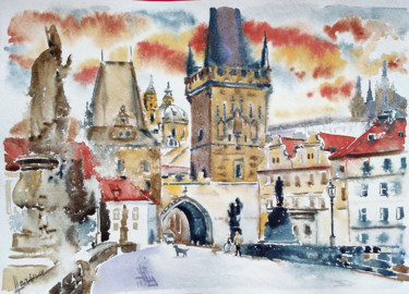 Painting titled "Prague. Charles Bri…" by Olga Larina, Original Artwork, Watercolor