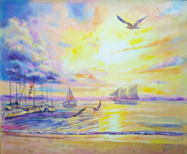 Ζωγραφική με τίτλο "Ocean sunset with s…" από Olga Larina, Αυθεντικά έργα τέχνης, Λάδι
