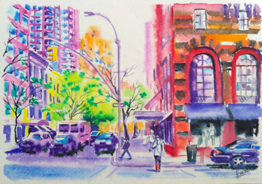Peinture intitulée "New York City street" par Olga Larina, Œuvre d'art originale, Aquarelle