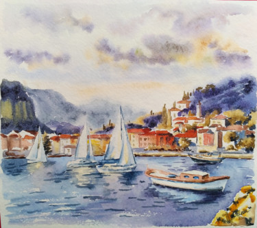 Painting titled "Coastal town" by Olga Larina, Original Artwork, Watercolor