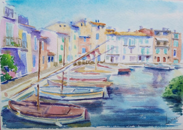 Malerei mit dem Titel "Harbor boats" von Olga Larina, Original-Kunstwerk, Aquarell