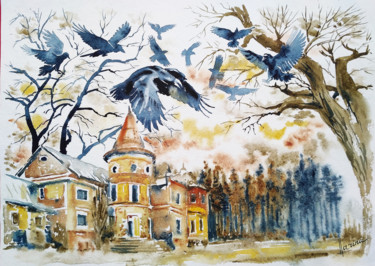 Malarstwo zatytułowany „Ravens over the old…” autorstwa Olga Larina, Oryginalna praca, Akwarela