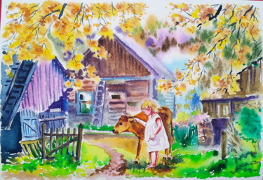 Painting titled "Girl with a calf" by Olga Larina, Original Artwork, Watercolor