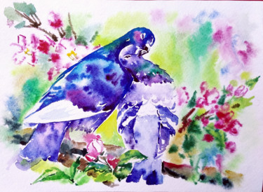 Pintura intitulada "A couple of pigeons" por Olga Larina, Obras de arte originais, Aquarela