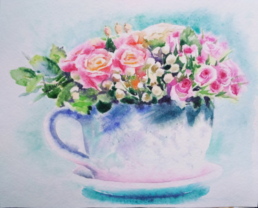 Painting titled "Bouquet in a cup" by Olga Larina, Original Artwork, Watercolor