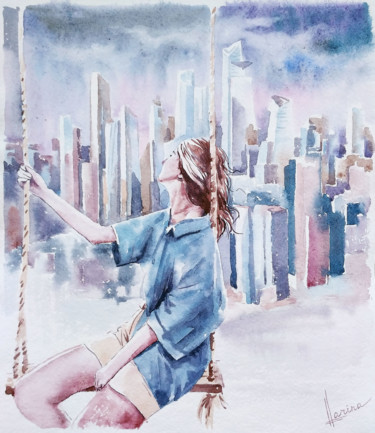 Peinture intitulée "Dreams over the city" par Olga Larina, Œuvre d'art originale, Aquarelle