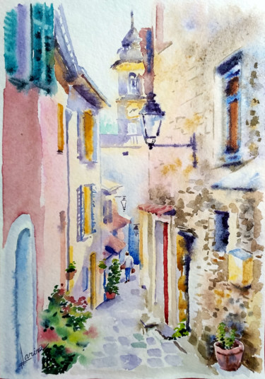 Pintura intitulada "Old town street" por Olga Larina, Obras de arte originais, Aquarela