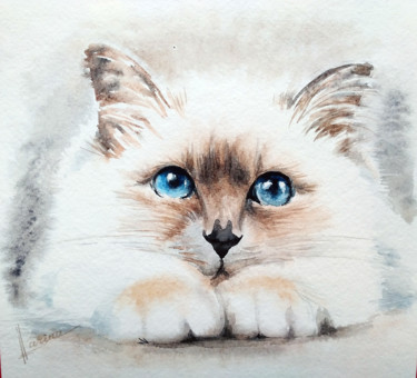 Malarstwo zatytułowany „White kitten” autorstwa Olga Larina, Oryginalna praca, Akwarela