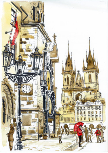 「Prague. Old archite…」というタイトルの絵画 Olga Larinaによって, オリジナルのアートワーク, 水彩画