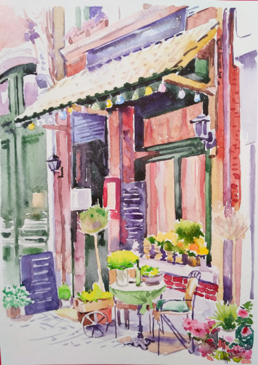 Painting titled "Small old shop" by Olga Larina, Original Artwork, Watercolor