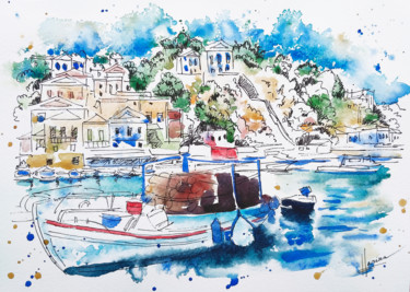 Schilderij getiteld "Mediterranean port" door Olga Larina, Origineel Kunstwerk, Aquarel