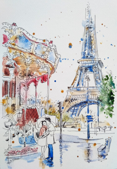 Ζωγραφική με τίτλο "Parisian mood" από Olga Larina, Αυθεντικά έργα τέχνης, Ακουαρέλα