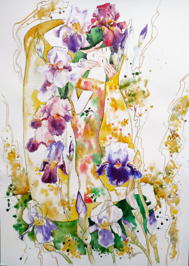 Schilderij getiteld "Iris kiss" door Olga Larina, Origineel Kunstwerk, Aquarel
