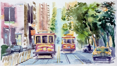 「San Francisco tram」というタイトルの絵画 Olga Larinaによって, オリジナルのアートワーク, 水彩画