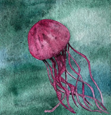 Pintura intitulada "Pink jellyfish" por Nina Karpova, Obras de arte originais, Aquarela