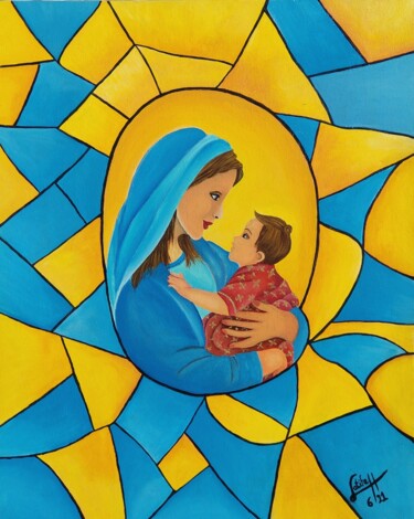 Картина под названием "Mother and Child" - Latifa El Hachem, Подлинное произведение искусства, Акрил Установлен на Деревянна…