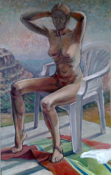 Painting titled "femme sur terrasse" by Darius Laumenis, Original Artwork