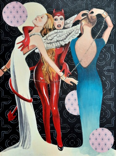 Painting titled "Arcano 15 Le Diable" by Lauragreenart, Original Artwork, Acrylic Mounted on Wood Stretcher frame