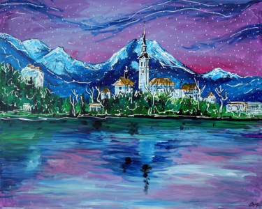 Malarstwo zatytułowany „Lake Bled” autorstwa Laura Hol, Oryginalna praca, Akryl Zamontowany na Drewniana rama noszy