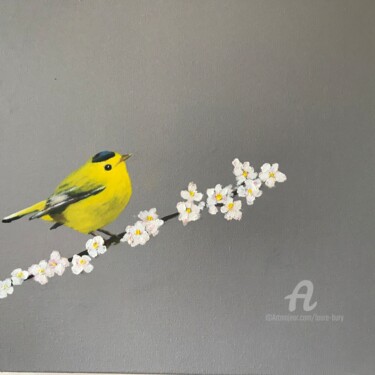 Painting titled "Wilson's Warbler on…" by Laure Bury, Original Artwork, Oil Mounted on Wood Stretcher frame