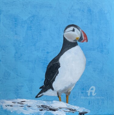 Pintura intitulada "Puffin" por Laure Bury, Obras de arte originais, Óleo Montado em Armação em madeira