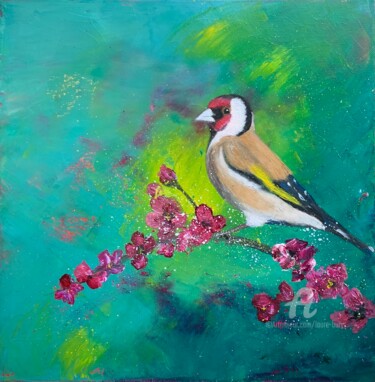 Painting titled "Goldfinch On Blossom" by Laure Bury, Original Artwork, Oil Mounted on Wood Stretcher frame
