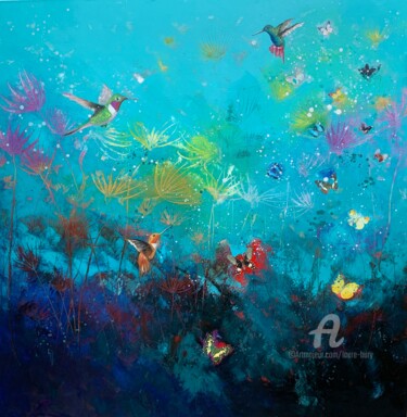 Schilderij getiteld "Hummingbirds And Bu…" door Laure Bury, Origineel Kunstwerk, Olie Gemonteerd op Frame voor houten branca…