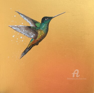 Painting titled "Hummingbird on Gold" by Laure Bury, Original Artwork, Oil Mounted on Wood Stretcher frame