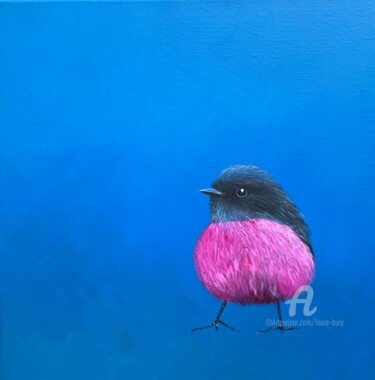 Painting titled "Pink Robin" by Laure Bury, Original Artwork, Oil Mounted on Wood Stretcher frame