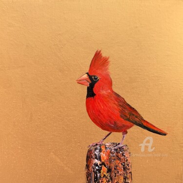 Painting titled "The Red Cardinal" by Laure Bury, Original Artwork, Oil Mounted on Wood Stretcher frame